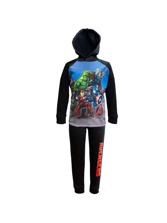 Marvel Avengers 2-Piece Fleece Pants Sets, Superhero Fleece Hoodie and Pants Bundle Set for Boys (Black, Sizes 4-8)