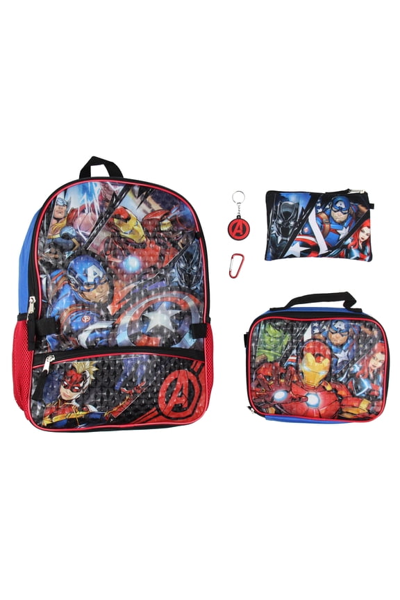Marvel Avengers 5 Pc Kids Backpack Set Lunch Box Key Chain Pencil Case Carabiner For Travel School 16"