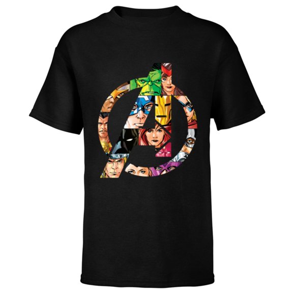 Marvel Avengers 60th Anniversary A-Logo Symbol Circle Faces- Short Sleeve T-Shirt for Kids - Customized-Black