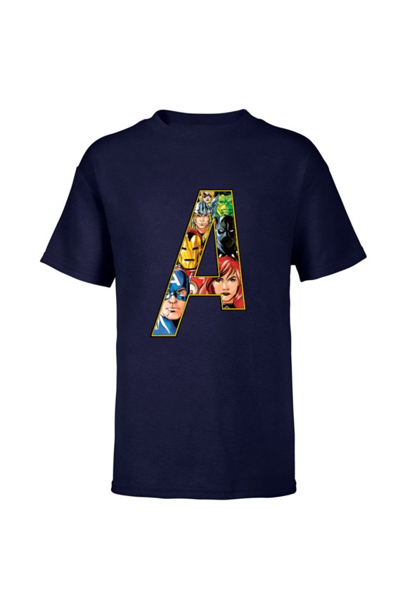 Avengers 60th Anniversary A-Logo Symbol Faces- Short Sleeve T-Shirt for Kids - Customized-Athletic Navy