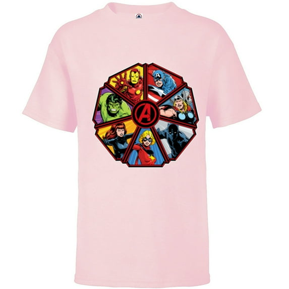 Marvel Avengers 60th Anniversary Classic Comic Hero Shield- Short Sleeve T-Shirt for Kids - Customized-Soft Pink