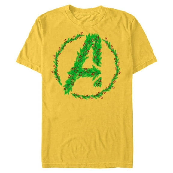 Marvel Avengers A Logo Symbol Icon Christmas Holiday Wreath - Short Sleeve Blended T-Shirt for Adults - Customized-Yellow