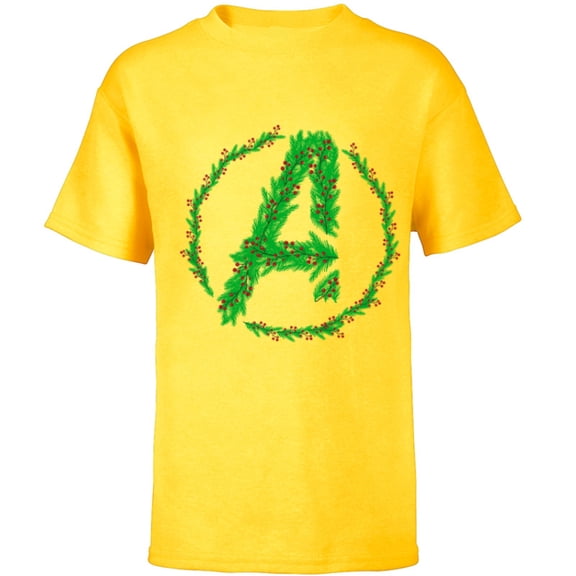 Marvel Avengers A Logo Symbol Icon Christmas Holiday Wreath - Short Sleeve T-Shirt for Kids - Customized-Yellow