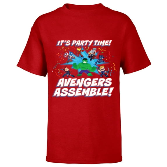 Marvel Avengers Assemble It’s Party Time Toony Birthday - Short Sleeve T-Shirt for Kids - Customized-Red