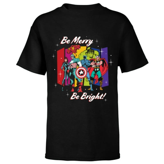 Marvel Avengers Be Merry Be Bright Retro Holiday Christmas - Short Sleeve T-Shirt for Kids - Customized-Black