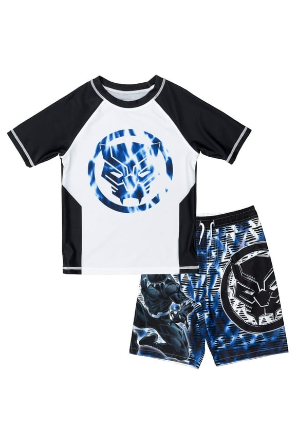 Avengers Black Panther Big Boys Rash Guard and Swim Trunks Outfit Set Blue / White 8