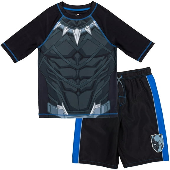 Marvel Avengers Black Panther Big Boys Rash Guard and Swim Trunks Outfit Set Toddler to Big Kid