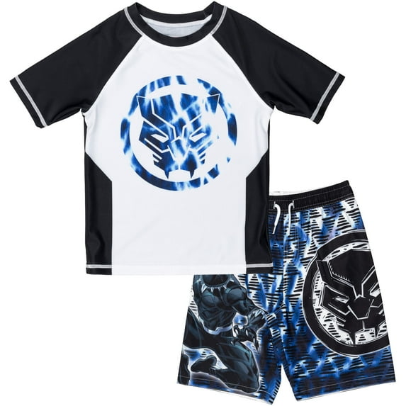 Marvel Avengers Black Panther Little Boys Rash Guard and Swim Trunks Outfit Set Blue / White 7