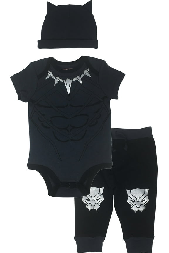 Avengers Black Panther Newborn Baby Boys Cosplay Bodysuit Pants and Hat 3 Piece Outfit Set Newborn to Infant