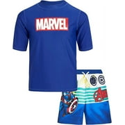 Marvel Avengers Boys' Rash Guard Set - Kids UPF 50+ Swim Shirt and Trunks for Boys (3T-12)