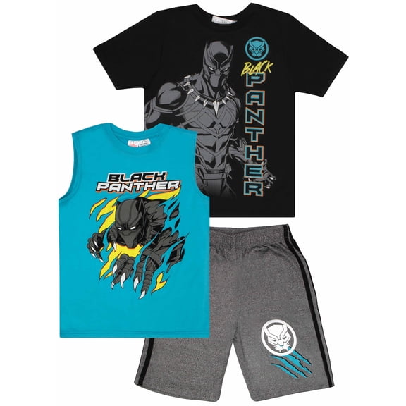 Marvel Avengers Boys Superhero Short Sleeve T-Shirt, Tank Top and Mesh Shorts Set (Black Panther, 5-6)