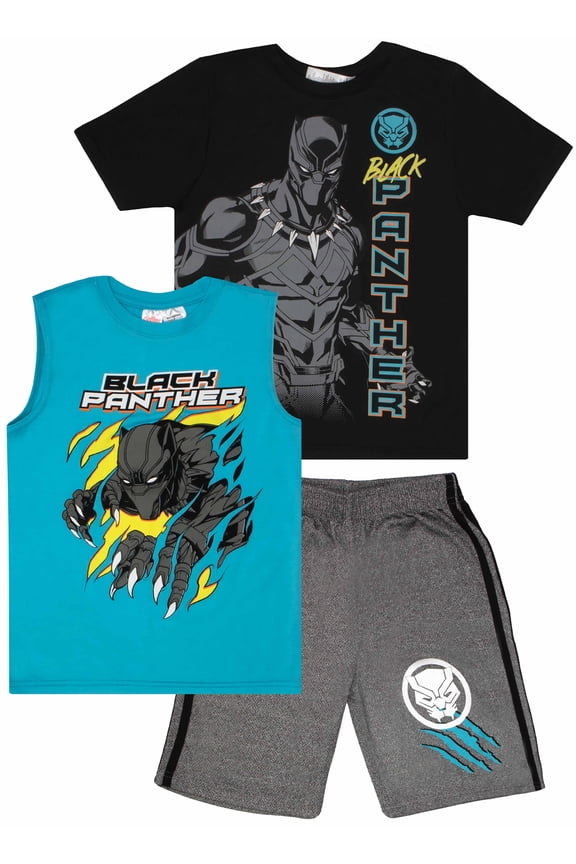 Avengers Boys Superhero Short Sleeve T-Shirt, Tank Top and Mesh Shorts Set (Black Panther, 8)