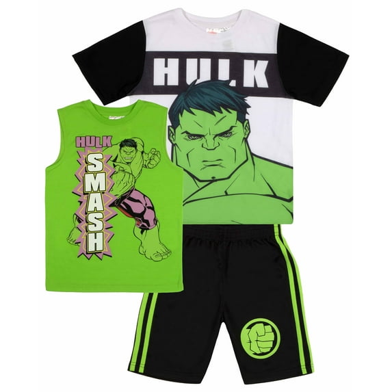 Marvel Avengers Boys Superhero Short Sleeve T-Shirt, Tank Top and Mesh Shorts Set (Hulk Green, 4)