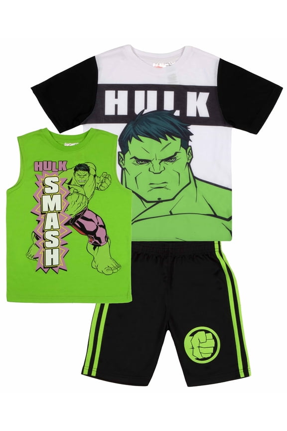 Avengers Boys Superhero Short Sleeve T-Shirt, Tank Top and Mesh Shorts Set (Hulk Green, 4)