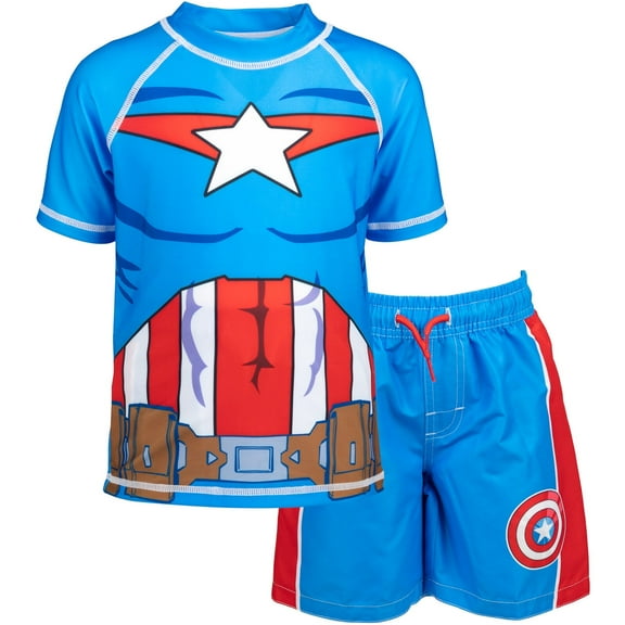 Marvel Avengers Captain America Big Boys Rash Guard and Swim Trunks Outfit Set Toddler to Big Kid