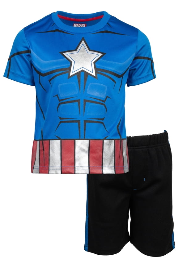Avengers Big Kids' Boy or Girl Cosplay Athletic 2-Piece T-Shirt and Shorts Set Captain America Blue