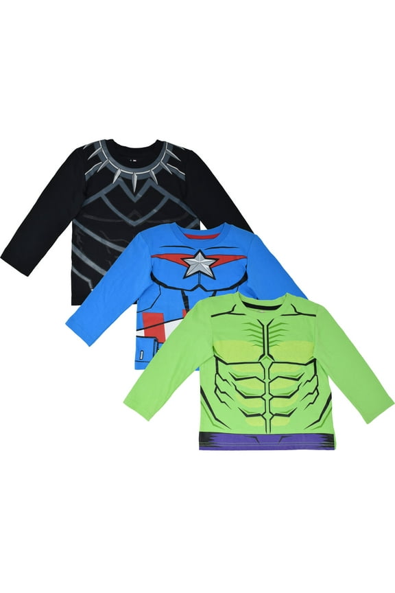 Avengers Captain America Black Panther Hulk Little Boys 3 Pack Long Sleeve T-Shirts Toddler to Big Kid
