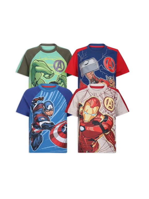 Avengers Captain America Hulk and Iron Man Short Sleeve T-Shirt (Boys), 4 Pack, Sizes 2T-7
