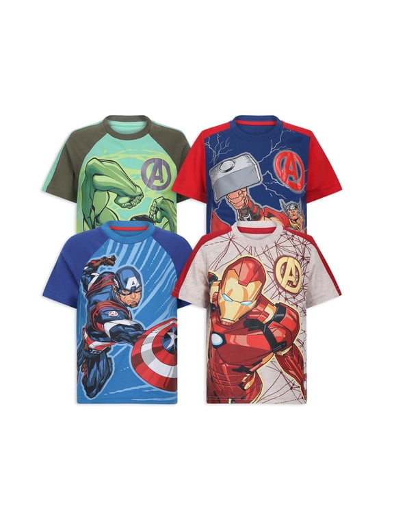 Avengers Captain America Hulk and Iron Man Short Sleeve T-Shirt (Boys), 4 Pack, Sizes 2T-7