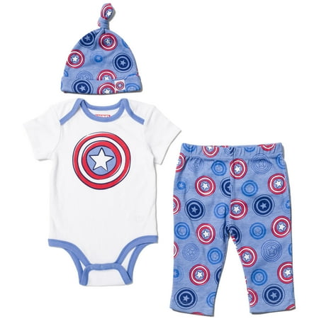 Marvel Avengers Captain America Infant Baby Boys Bodysuit Pants and Hat 3 Piece Outfit Set Newborn to Infant