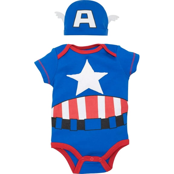 Marvel Captain America Infant Baby Boys Bodysuit & Hat, 12 Months, 100% Cotton Blend, Snap Closure