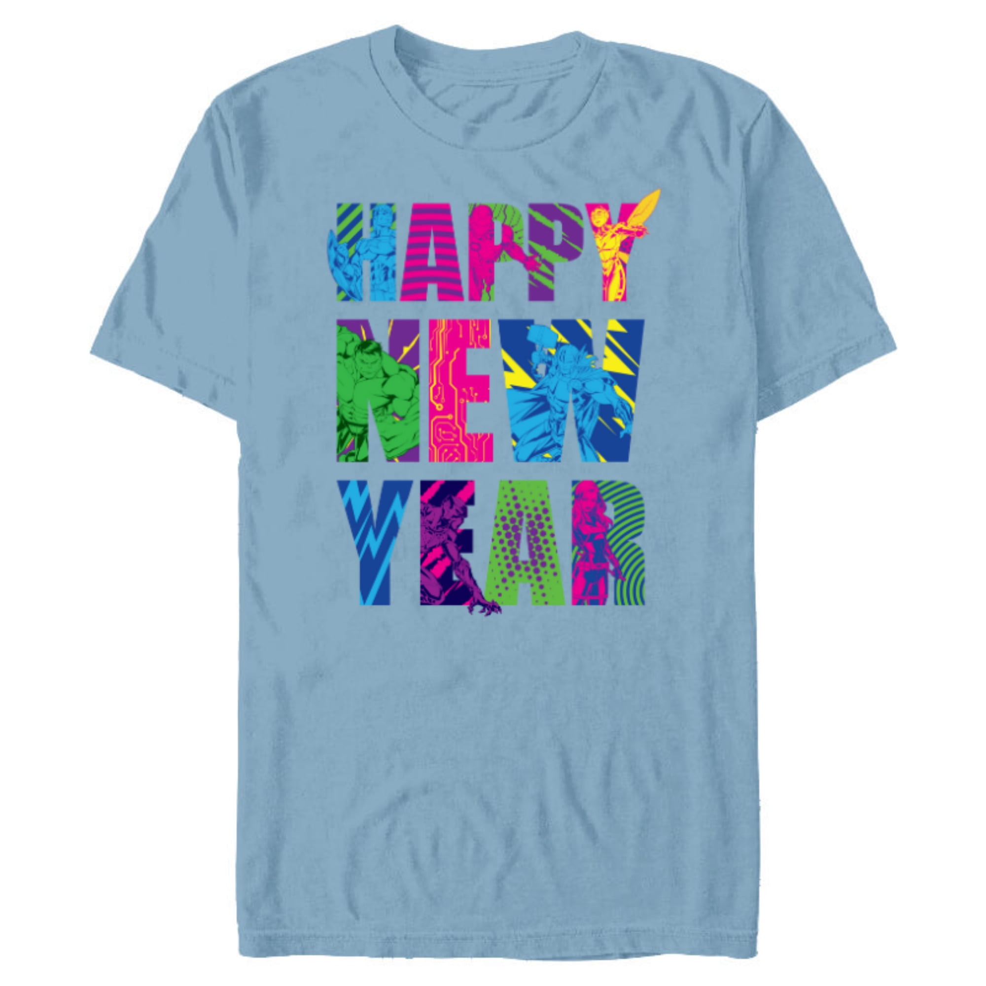 Marvel Avengers Captain America Iron Man Hulk Happy New Year - Short Sleeve Blended T-Shirt for Adults - Customized-Ocean Blue