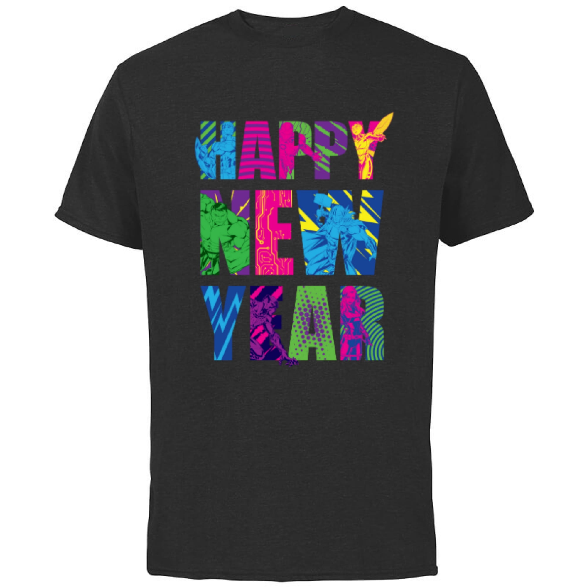 Marvel Avengers Captain America Iron Man Hulk Happy New Year - Short Sleeve Cotton T-Shirt for Adults - Customized-Black