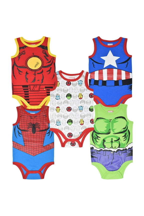 Avengers Captain America Iron Man Hulk Spider-Man Newborn Baby Boys 5 Pack Bodysuits Multicolor 0-3 Months