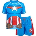 thumbnail image 1 of Marvel Avengers Captain America Little Boys Rash Guard and Swim Trunks Outfit Set Toddler to Big Kid, 1 of 5