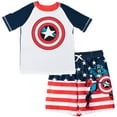 thumbnail image 1 of Marvel Avengers Captain America Little Boys Rash Guard and Swim Trunks Outfit Set Toddler to Big Kid, 1 of 5