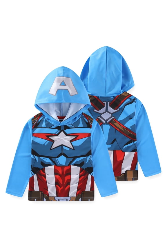 Avengers Captain America Long Sleeve Hooded Shirt (Boys), Sizes 4-20