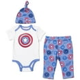 thumbnail image 1 of Marvel Avengers Captain America Newborn Baby Boys Bodysuit Pants and Hat 3 Piece Outfit Set Newborn to Infant, 1 of 5