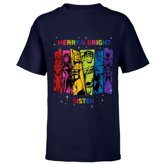 Marvel Avengers Christmas Family Trip Merry & Bright Sister - Short Sleeve T-Shirt for Kids - Customized-Navy