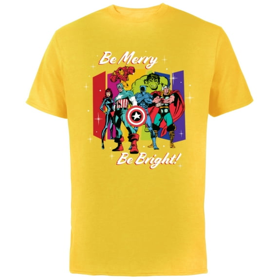 Marvel Avengers Christmas Holiday Retro Be Merry Be Bright! - Short Sleeve Cotton T-Shirt for Adults - Customized-Yellow