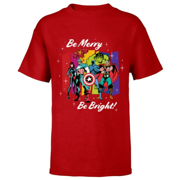 Marvel Avengers Christmas Holiday Retro Be Merry Be Bright! - Short Sleeve T-Shirt for Kids - Customized-Red