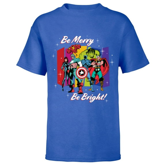 Marvel Avengers Christmas Holiday Retro Be Merry Be Bright! - Short Sleeve T-Shirt for Kids - Customized-Royal