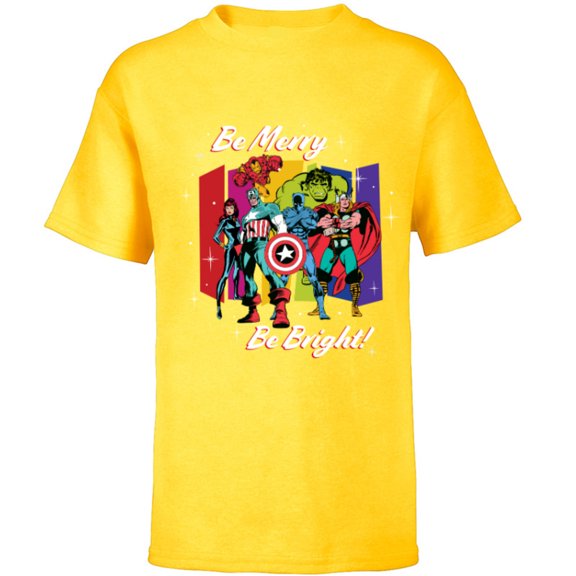Marvel Avengers Christmas Holiday Retro Be Merry Be Bright! - Short Sleeve T-Shirt for Kids - Customized-Yellow