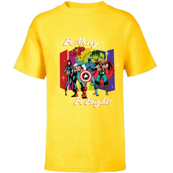 Marvel Avengers Christmas Holiday Retro Be Merry Be Bright! - Short Sleeve T-Shirt for Kids - Customized-Yellow