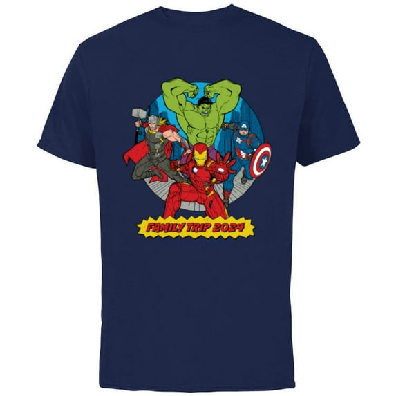 Marvel Avengers City Scene Super Hero Family Trip 2024 - Short Sleeve Cotton T-Shirt for Adults - Customized-Navy