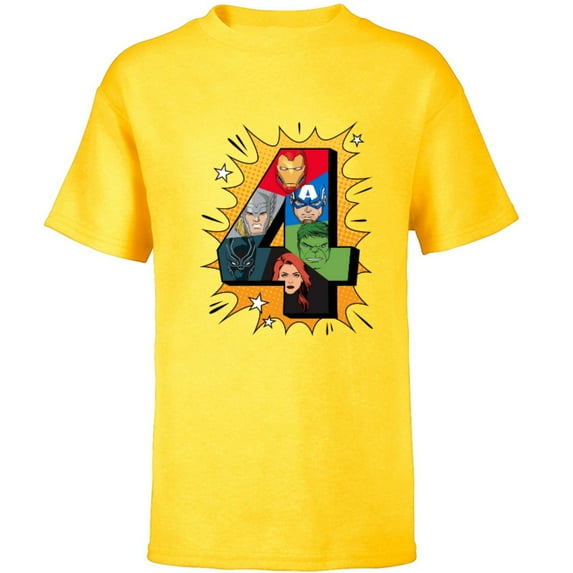 Marvel Avengers Comic Super Heroes 4th Birthday - Short Sleeve T-Shirt for Kids - Customized-Yellow