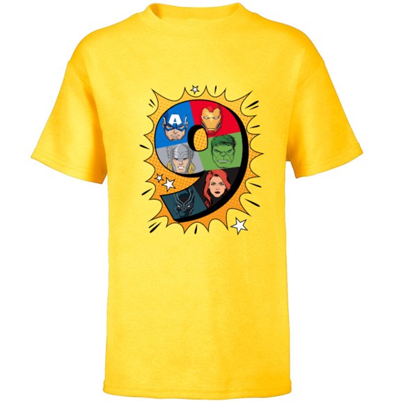 Marvel Avengers Comic Super Heroes 9th Birthday - Short Sleeve T-Shirt for Kids - Customized-Yellow