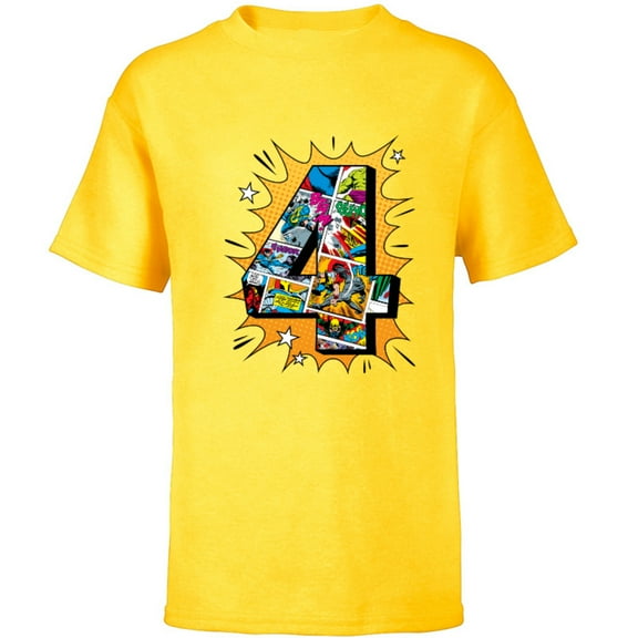 Marvel Avengers Comics 4th Birthday - Short Sleeve T-Shirt for Kids - Customized-Yellow