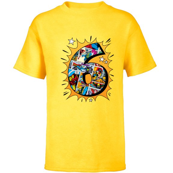 Marvel Avengers Comics 6th Birthday - Short Sleeve T-Shirt for Kids - Customized-Yellow