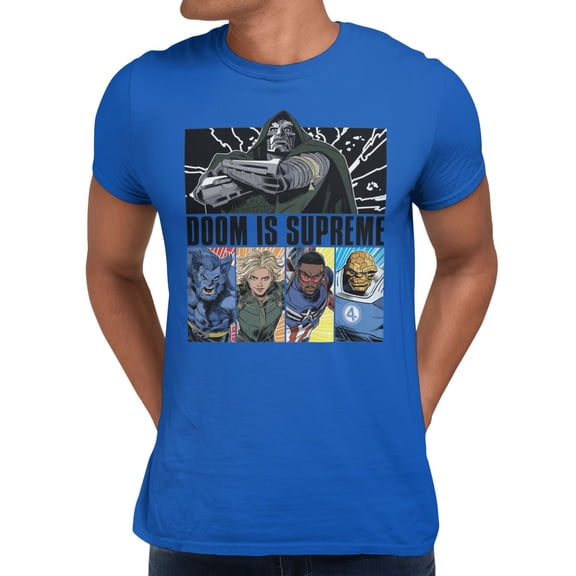 Marvel Avengers Doomsday Doom Is Supreme Above Hero Panels Mens T-Shirt (Royal, S-XXXL)