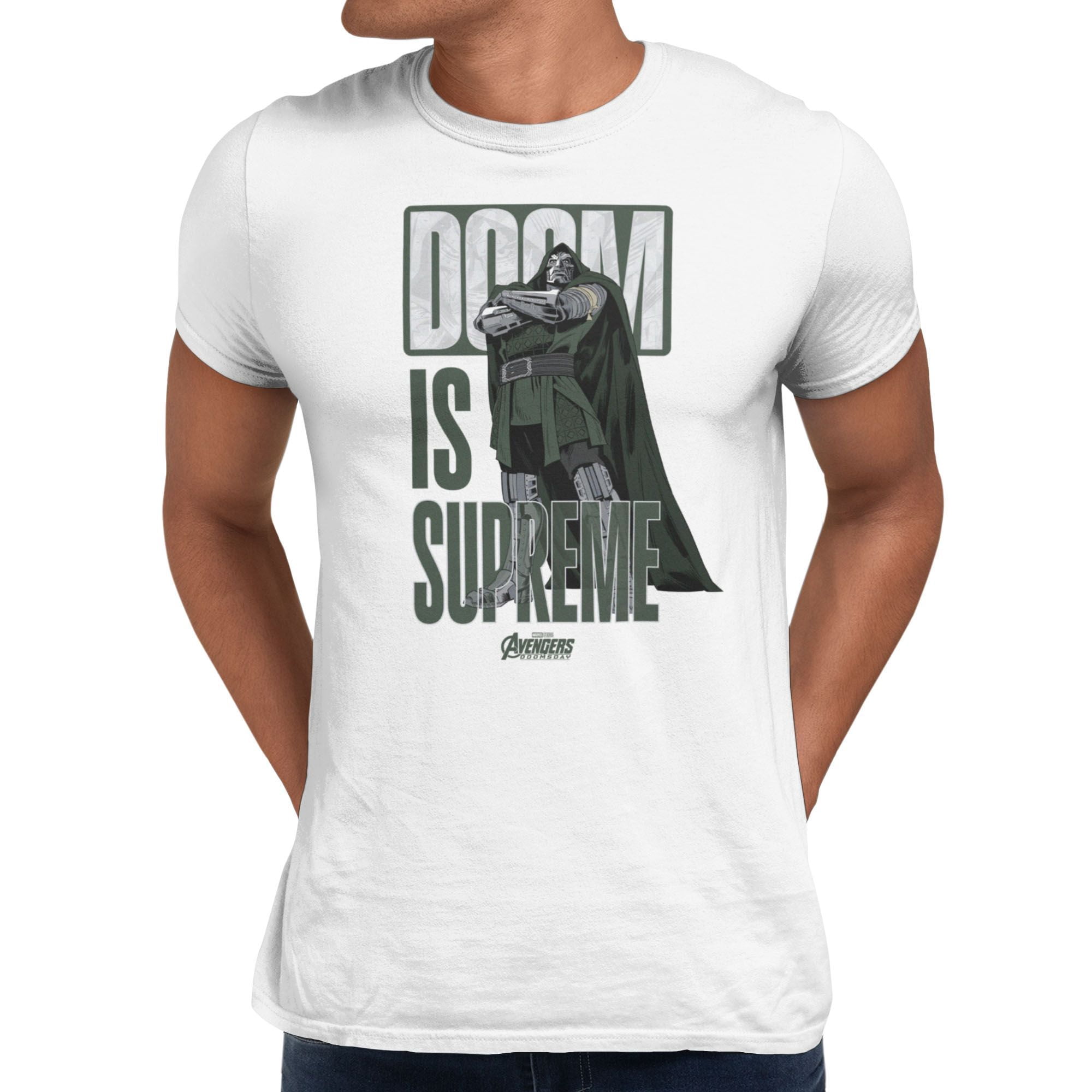 Toy Stack Animated Marvel Avengers Doomsday Doom Is Supreme Text Stack With Cartoon Mens T ...
