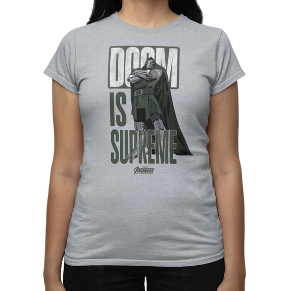 Marvel Avengers Doomsday Doom Is Supreme Text Stack With Cartoon Womens T-Shirt (Sport Grey, S-XXL)
