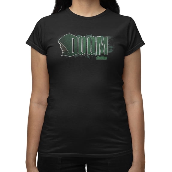 Marvel Avengers Doomsday Doom Text With Face Silhouette Womens T-Shirt ...