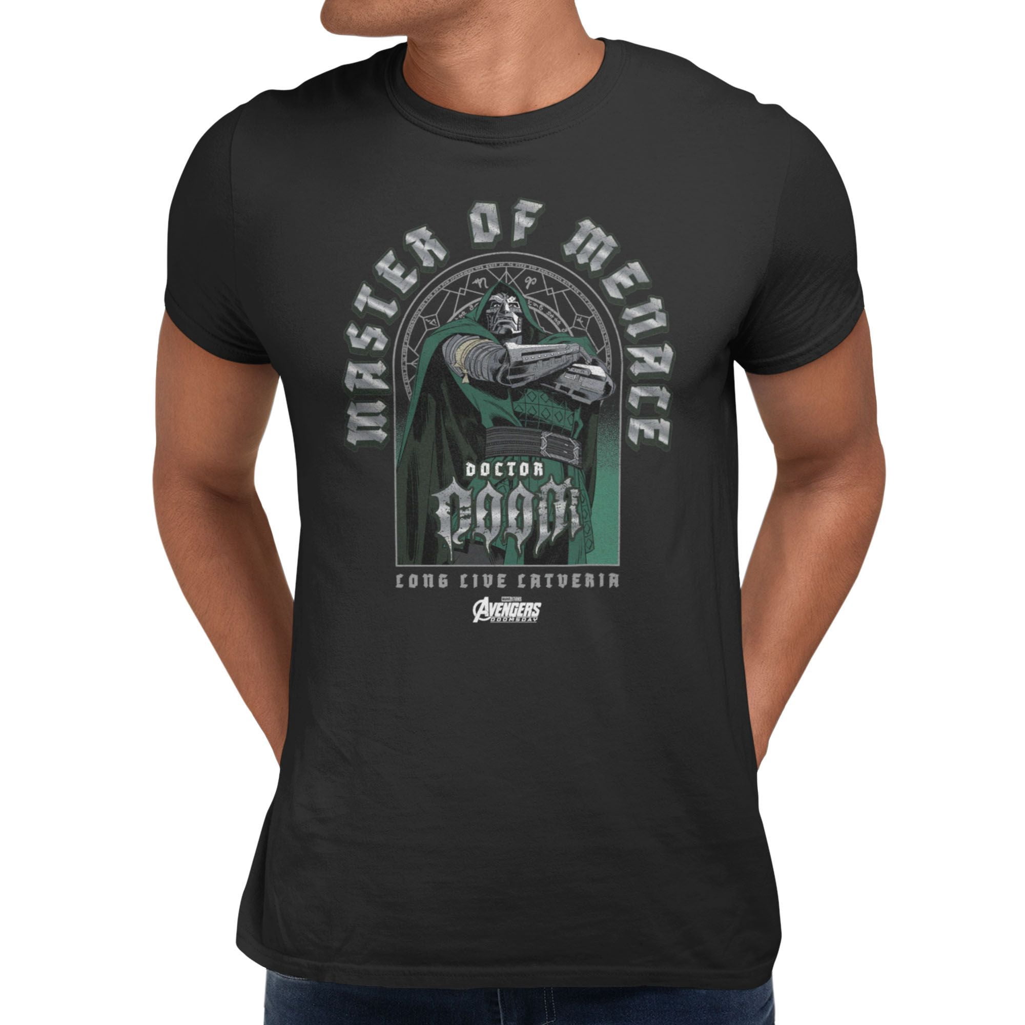 Rext Rch Marvel Avengers Doomsday Master Of Menace Text Arch Mens T-Shirt (Black ...