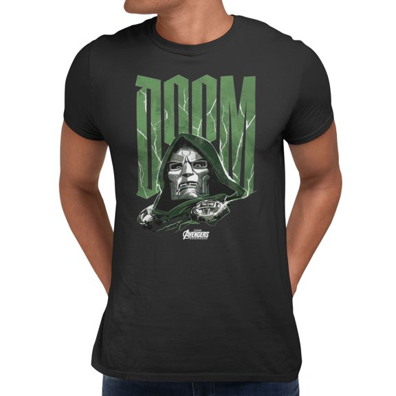 Marvel Avengers Doomsday Metal Face Electric Text Doom Mens T-Shirt (Black, S-XXXL)