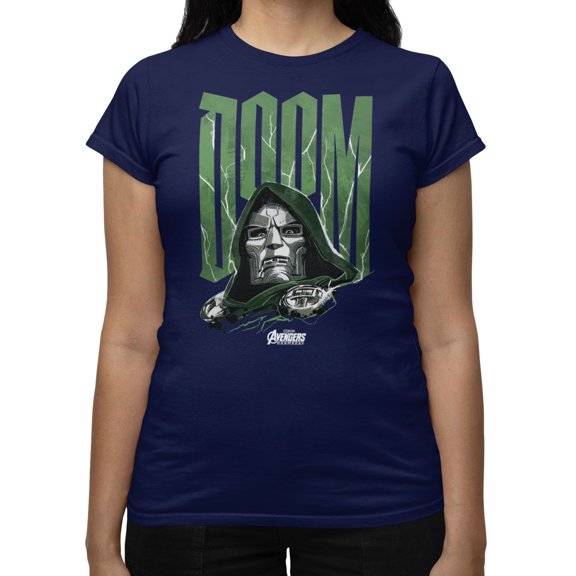 Marvel Avengers Doomsday Metal Face Electric Text Doom Womens T-Shirt (Navy, S-XXL)